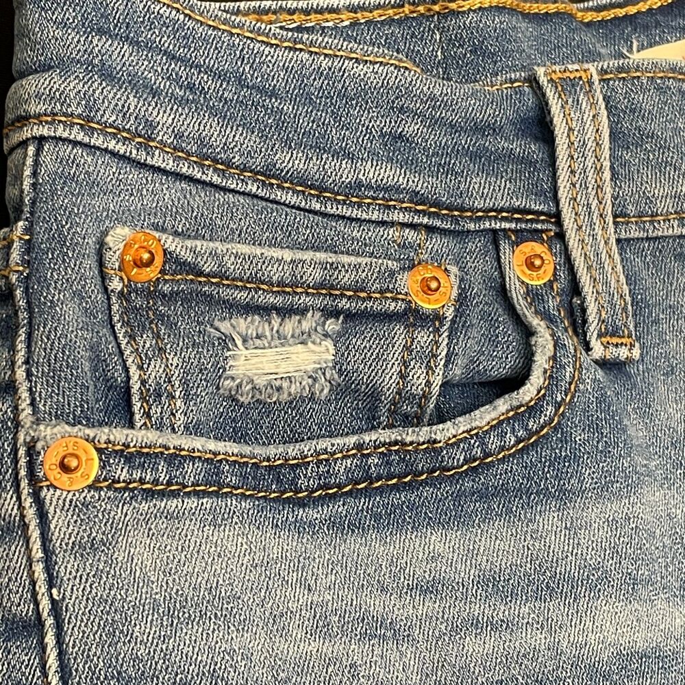 ~ Levi's 29 Jean Shorts Cut Off Hi-Rise Med Wash Distressed Frayed Raw Rips Blue - Picture 11 of 13